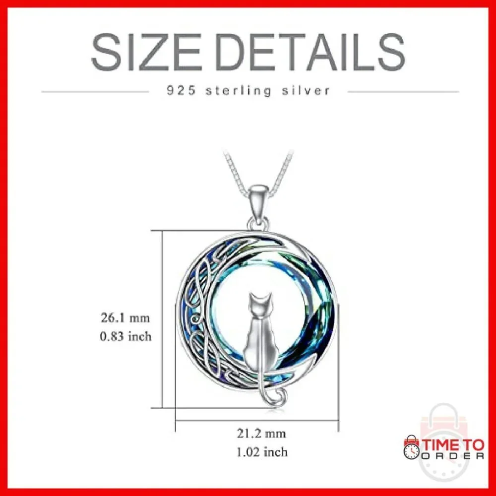 Sterling Silver Cat Moon Pendant Necklace with Crystal Gift for Women